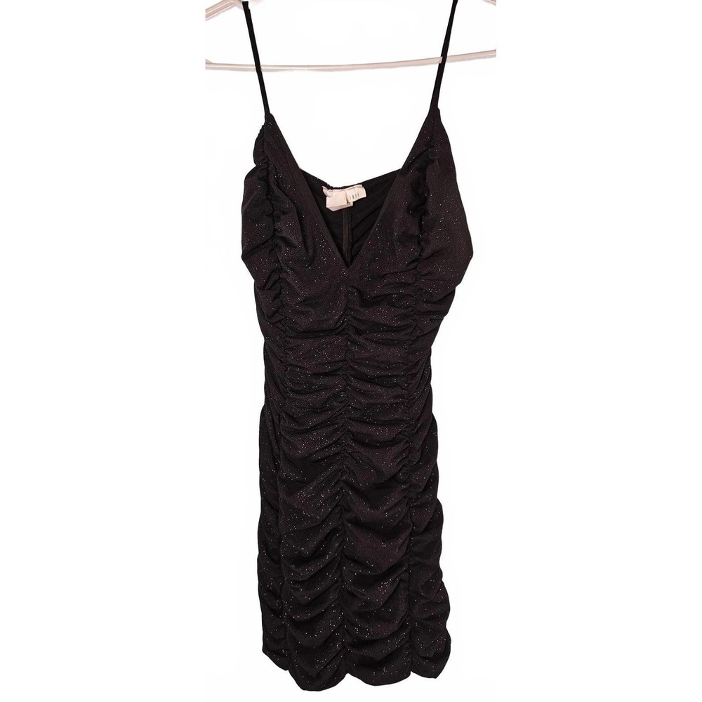 Studio‎ 1011 Womens Black Silver Glitter Ruched Bodycon Mini Dress L Cocktail